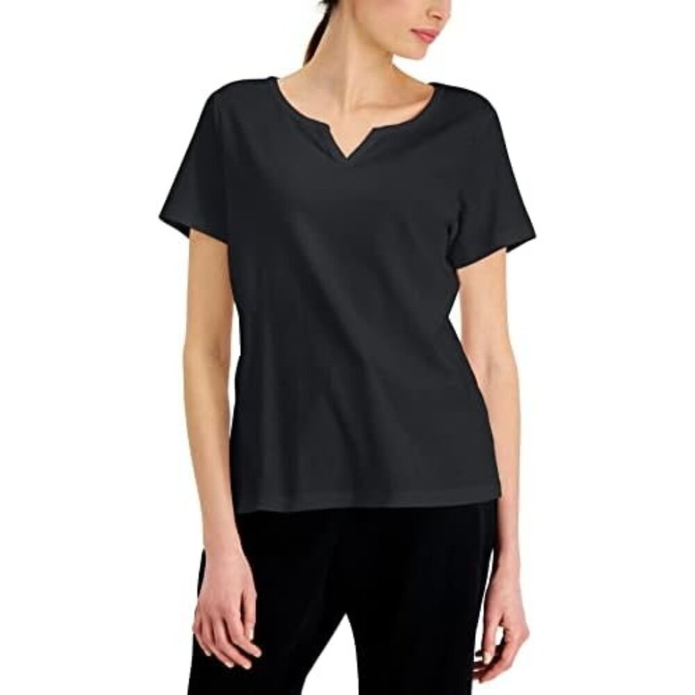 Karen Scott Split Neck Short Sleeve Shirt Womens XL Cotton Basic Minimalist NEW